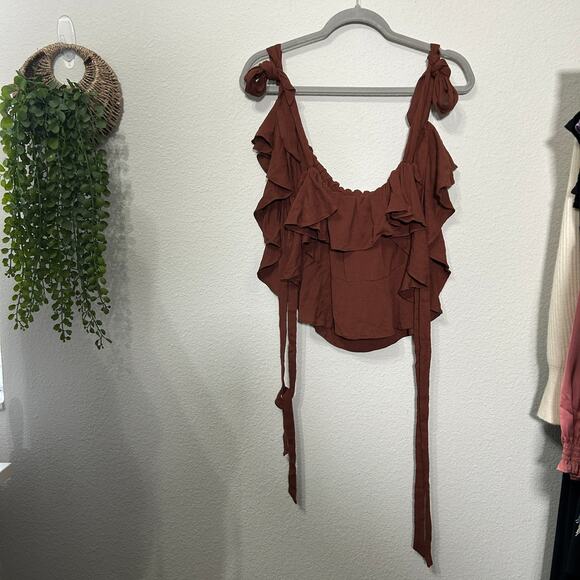 NEW Free People Radiance Top Umber Brown Tie Ruffle Coquette Dainty Prarie Large - Picture 3 of 10